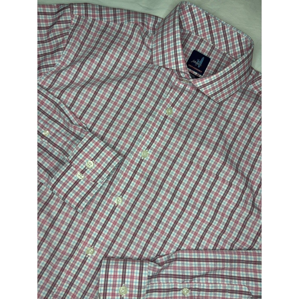 Johnnie-O Prep-Formance Button Down Shirt Men's Medium Blue‎ Pink Plaid Stretch